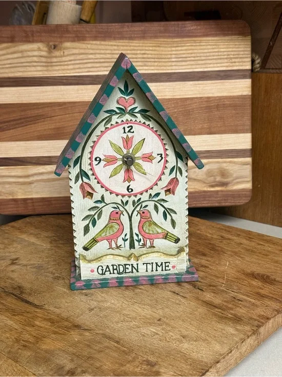 Hand-Painted and Carved Garden Time Wooden Wall Clock - Pink & Green
