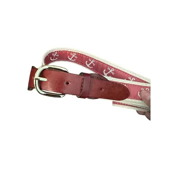 Chatham T Co Belt Leather Anchor Pattern Brass Buckle Brown Red Size XXL