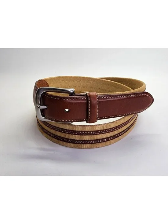 Lands End Men's Belt Size 42 Tan Canvas Webbing Brown Leather Trim Silver Buckle