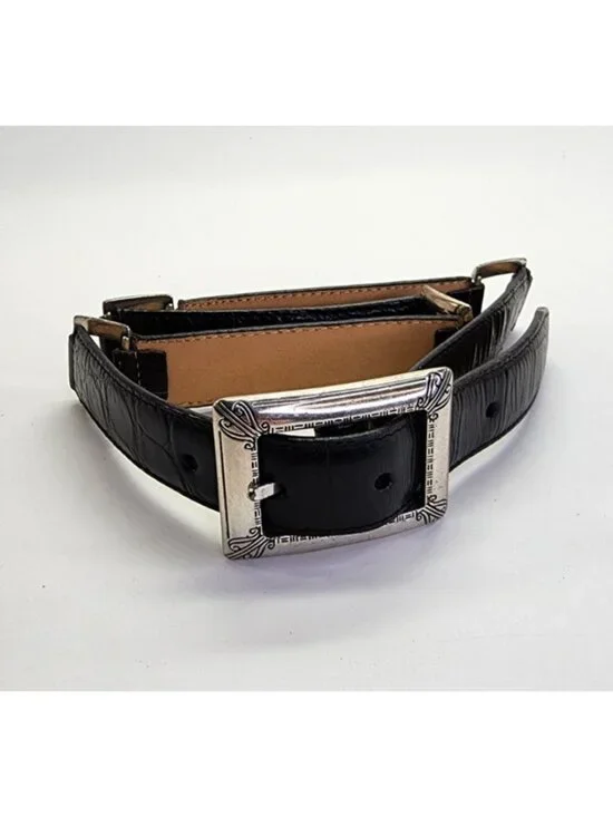 Vtg  Black Crocodile Embossed Leather Western Bel tSize S Ornate Buckle 90s