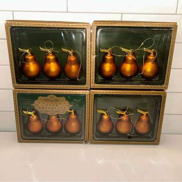 Williams Sonoma 12 Ornaments Bronze Copper Pear Blown Glass Christmas Gold VTG