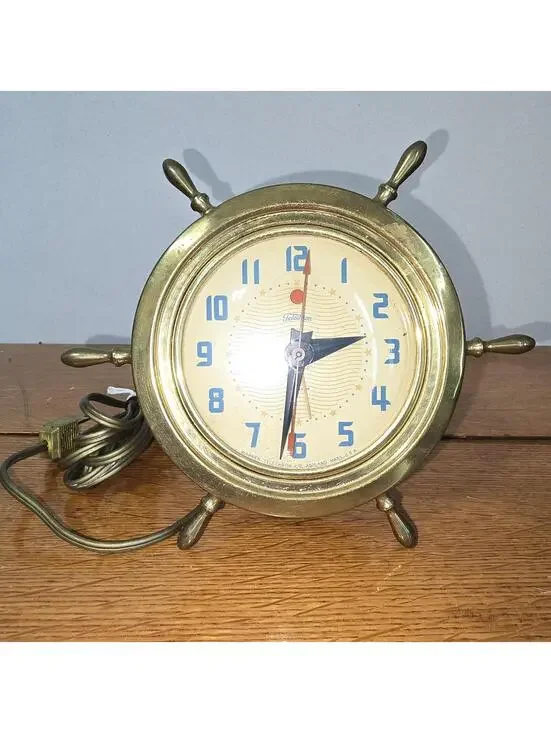 Vintage Telechron Resolute Ships Wheel Brass Clock 3H85 Electric Art Deco Works