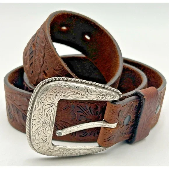 Tony Lama Belt Mens 34 Floral Filigree Tooled Brown Leather 1329L