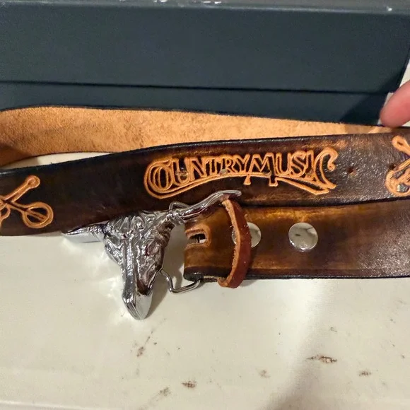 Unbranded Leather Belt Mens Brown Good Country Music Longhorn Skull Buckle