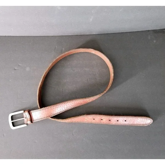 Mens Brown Genuine Leather Double Stitched Belt Silver Buckle‎ Size 40 Gorpcore