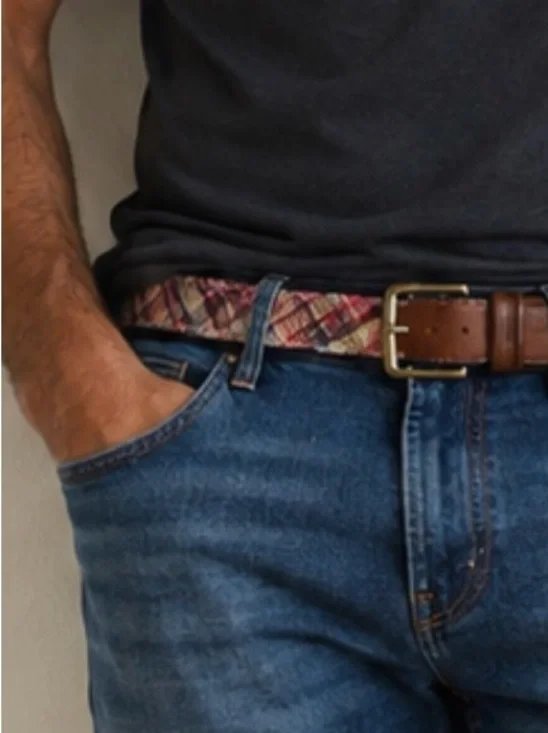 Men's Canvas Patchwork Madras Trim Belt -EUC size 42
