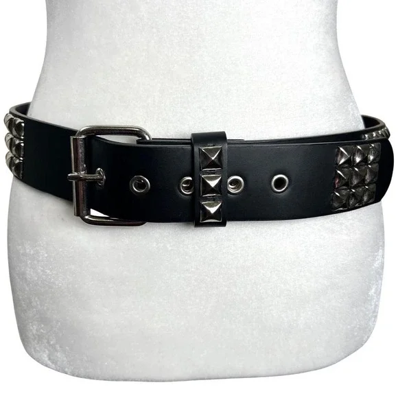 Unisex Black Faux Leather 3 Row Studded Belt Silver Tone Buckle Punk Goth Grunge
