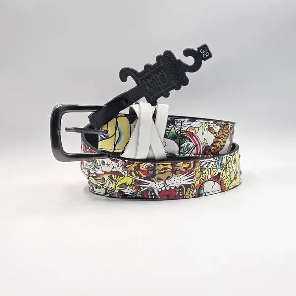 Ed Hardy Men's Size 38 Belt Multicolor Tiger Panther Skull Metal Studs New