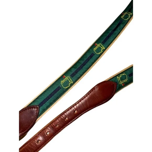 Masters Golf Tournament Ribbon Belt Leather Tabs Green Navy Stripe Mens 38