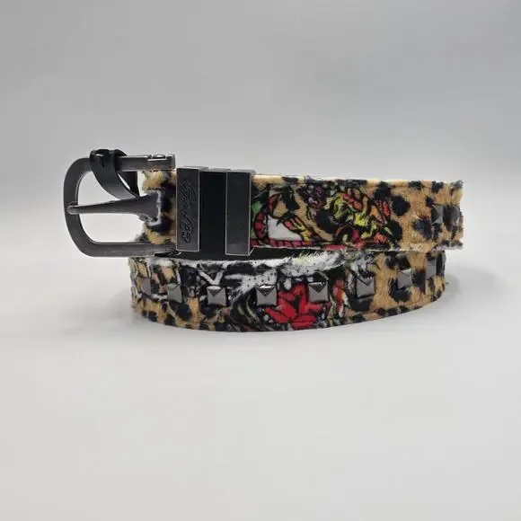 Ed Hardy Men's Size 34 Faux Fur Belt Leopard Print Plush Studded New