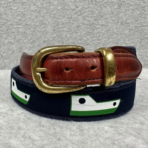 YRI Mens Navy Blue‎ Canvas Leather Surcingle Belt Nautical Boat Motif Size 38/95