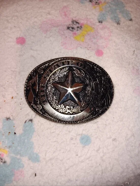 STATE of TEXAS Western Star Oval Silver Belt Buckle