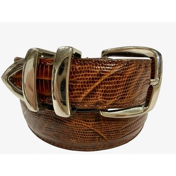 Footjoy Brown Lizard Embossed Leather Golf Belt Sz 42 Stainless Steel Hardware