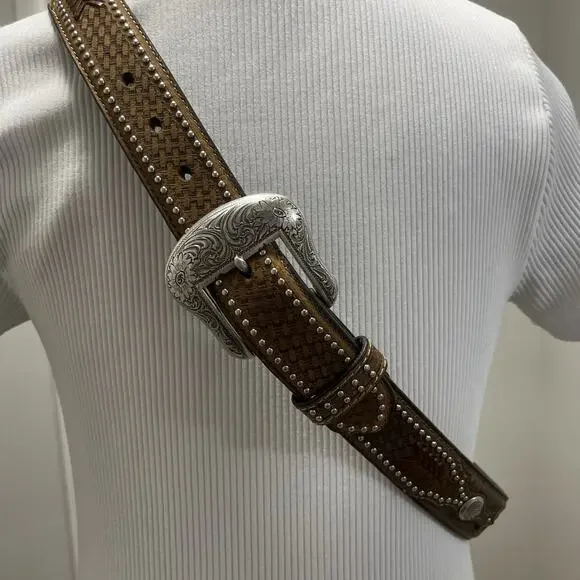 Nocona Mens Brown Ostrich Leather Studded Western Belt Sz 40 N2491844 EUC