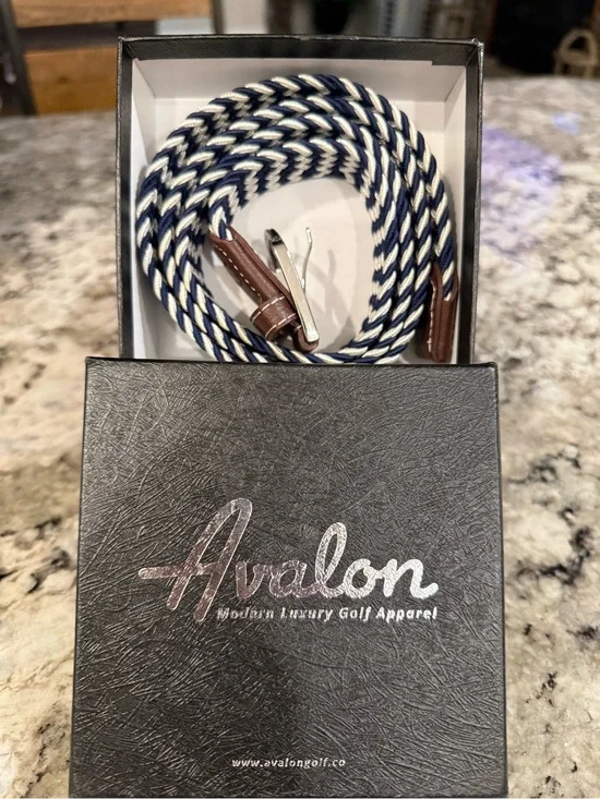 Avalon Navy and Cream Braided Belt with Brown Leather Accents