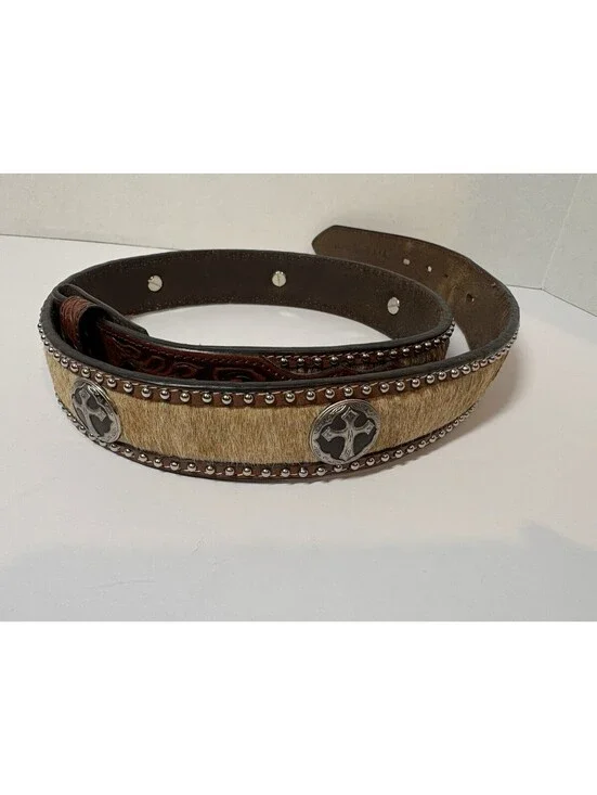 3D Belt Co Mens Western Sz 38 Handcrafted Leather Hide Studs Cross Conchos