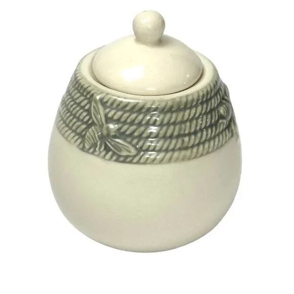 William Sonoma Honey Bee Sugar Bowl Green Beige Honeybee Retired
