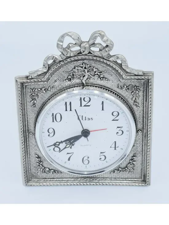 Elias-1990 Pewter 925 Fine Silver Art Nouveau Ornate Alarm Clock