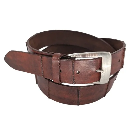 Cole Haan Belt Mens 38 Brown Italian Handcrafted Leather Paneled Silver Buckle