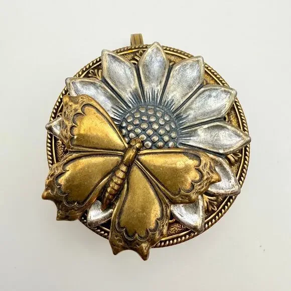 Signed Cappy Vtg Sunflower Butterfly Concho Clip Brass Silver Western Cowboy