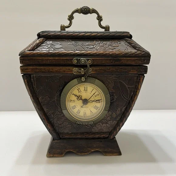 Vintage-Style Wooden Clock/Keepsake Box Hinged Lid Velvet Lined Latch Triangle