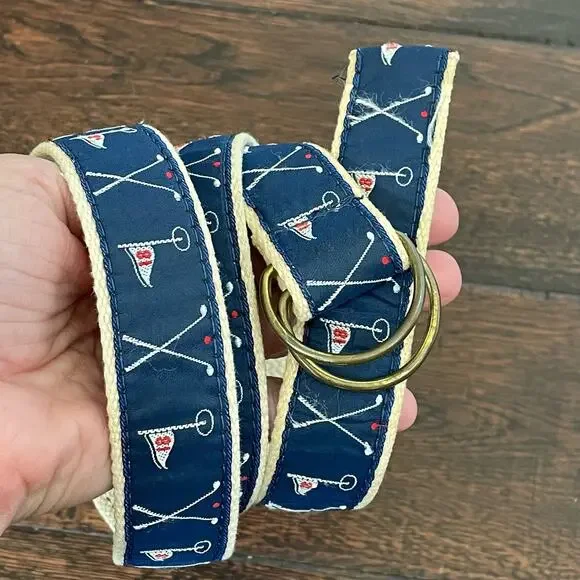 Vintage Golf Belt Cotton Web Double D Ring Navy Fabric Belt w/ Clubs & Pin 43