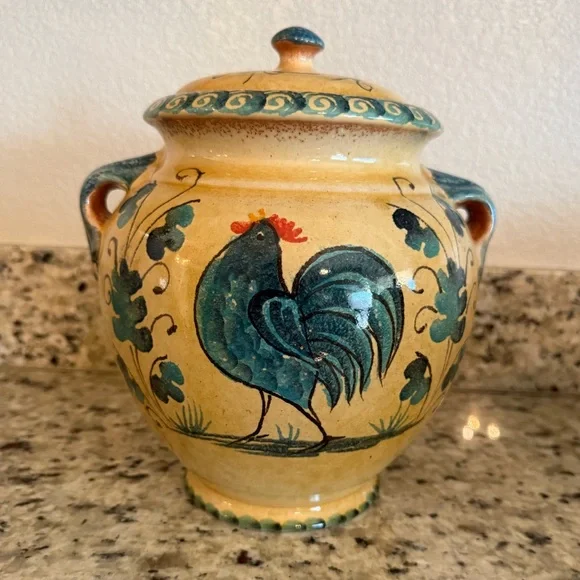 Williams Sonoma Ceramic Jar with Rooster Design Made in Italy (Large)