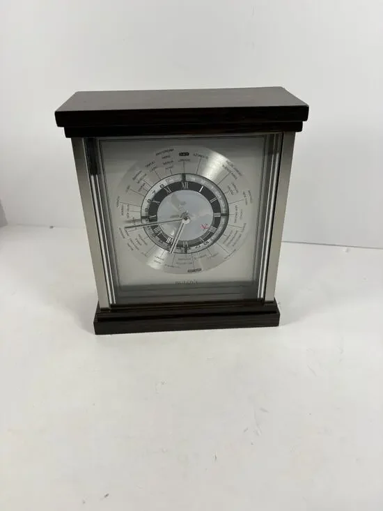 Bulova World Time Desk Clock Wood Case GMT Multiple Time Zone Clock B2258