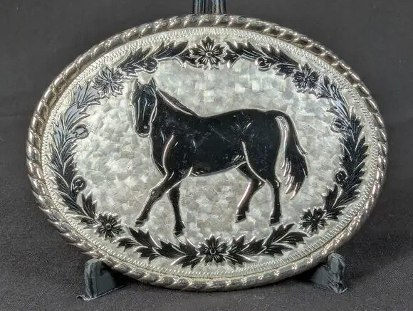 Vintage 1970s Western Belt Buckle Silver Tone Horse Motif Rope Border USA Made