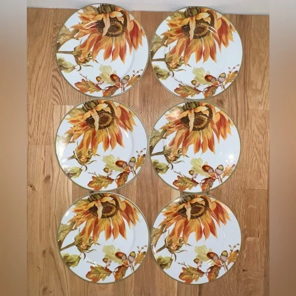 6 Williams Sonoma Botanical Sunflower Salad Plates set of (Six) 8.75”