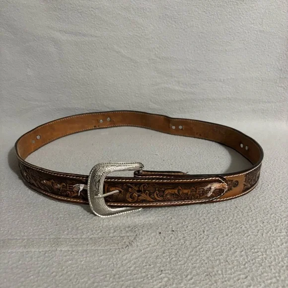 Men’s Tooled Horses Decorated Western Leather Belt with Silver Buckle size 38