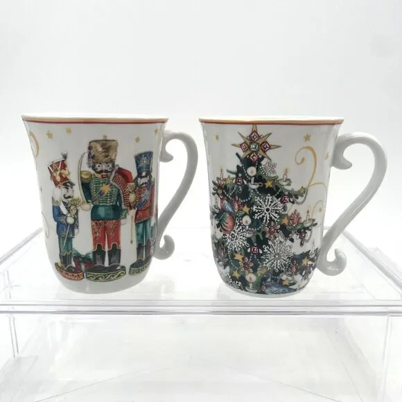 Williams Sonoma Mugs Twas The Night Before Christmas Tree Nutcrackers Set of 2