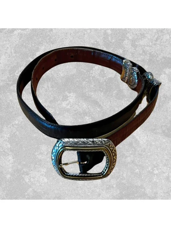 Vintage Brighton Western Black Leather Croc Embossed Belt Silver Buckle Cowgirl