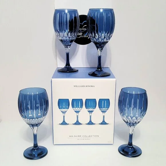 NEW RARE Williams Sonoma S/4 Blue Wilshire Jewel Cut Wine Glasses 15.5 OZ NIB