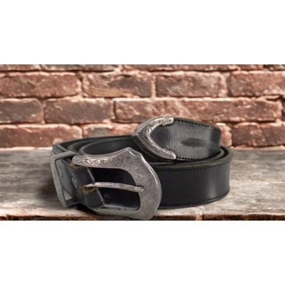 Genuine Black Leather Belt Silver Buckle Casual Men's Size 40 Solid 1