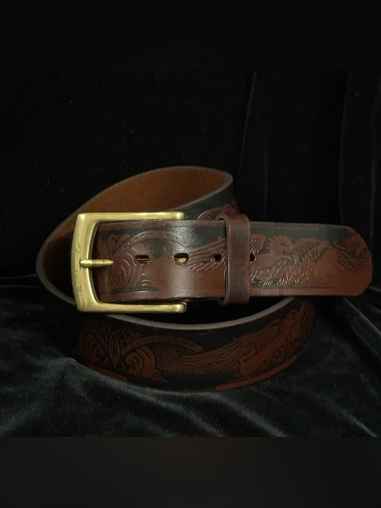 WRANGLER Embossed Eagle Pattern Leather Men’s Belt Brass-toned Buckle Sz 40/100
