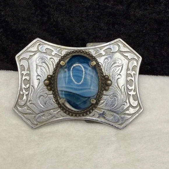 Vintage Polished Stone Belt Buckle Silver Tone Blue Stone