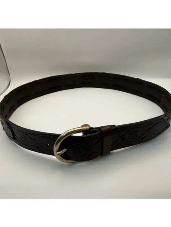 Fossil Tooled Leather Belt Size M 30 Western Floral Medallion Brass Buckle