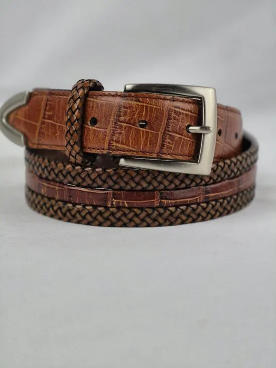 Brighton Braided Two Tone Leather Belt with Moc Croc Accents