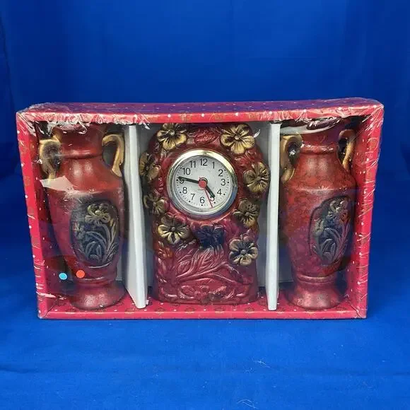 Vintage Red Floral Quartz Mantel Clock Matching Vases 3pc Gift Set New Sealed