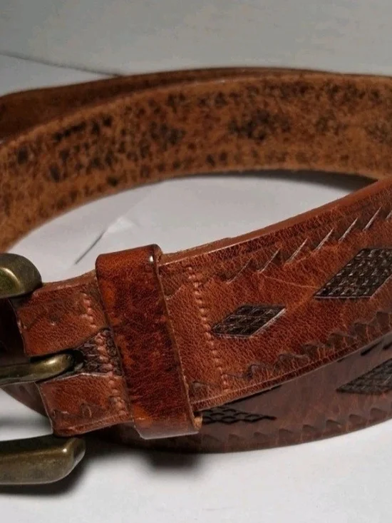 Vintage Brown Leather Belt Hand Carved Brass Buckle Mens 36