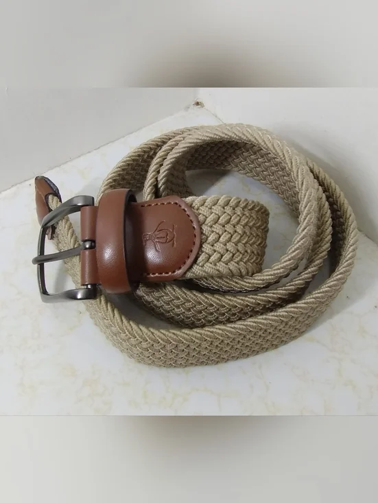 Original Penguin Woven Beige Belt with Brown Leather Trim