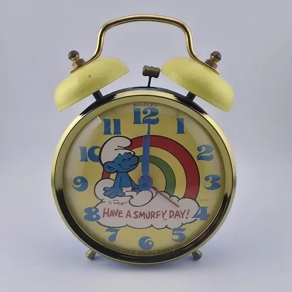 Smurf Double Bell Alarm Clock Bradley Time Blue Yellow Tested Runs Vintage