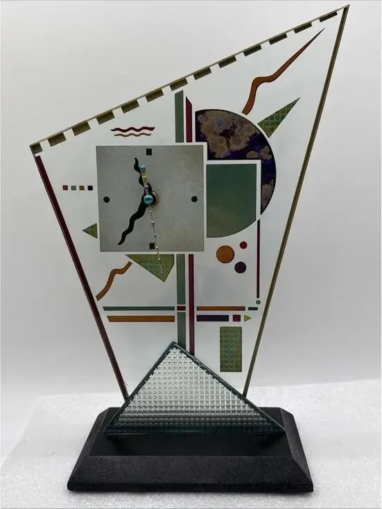 Vintage Art Deco Beaux Glass Mantle Geometric Takane Quartz Clock Signed 12.5”