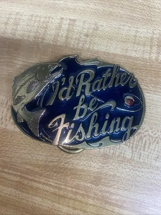 VIntage 1985 I‘d Rather Be Fishing Brass Belt Buckle #523 Made In USA