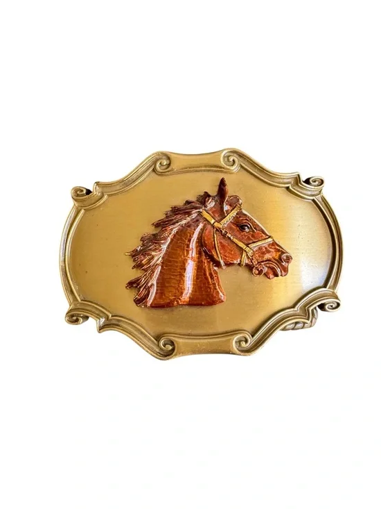 Vintage Western Belt Buckle Horse Head Mustang Pony Raintree 1980s Enamel USA