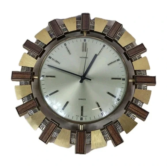 Vtg Metamec Mid-Century Modern Sunburst Wall Clock Brass Color Faux Wood England