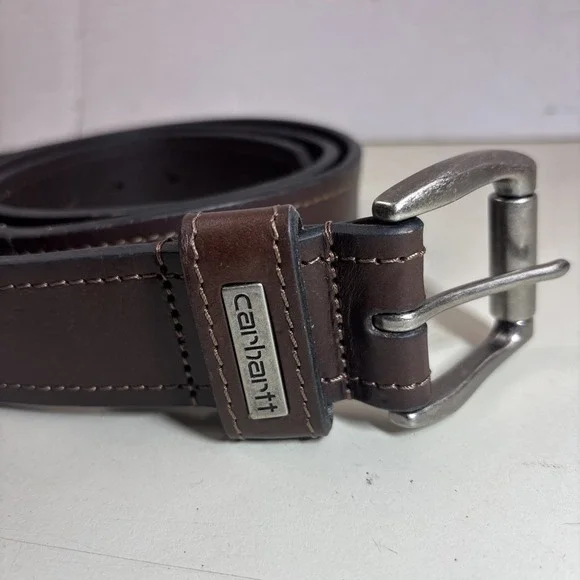 Carhartt Mens Brown Full Grain Leather Work Belt Size 44 WB5561-M Buckle Logo