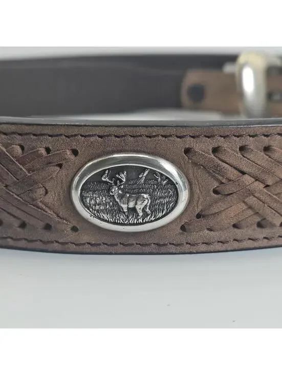 Men’s Badger Genuine Leather Belt Silver Tone Hardware Oval Deer Emblems Size 42
