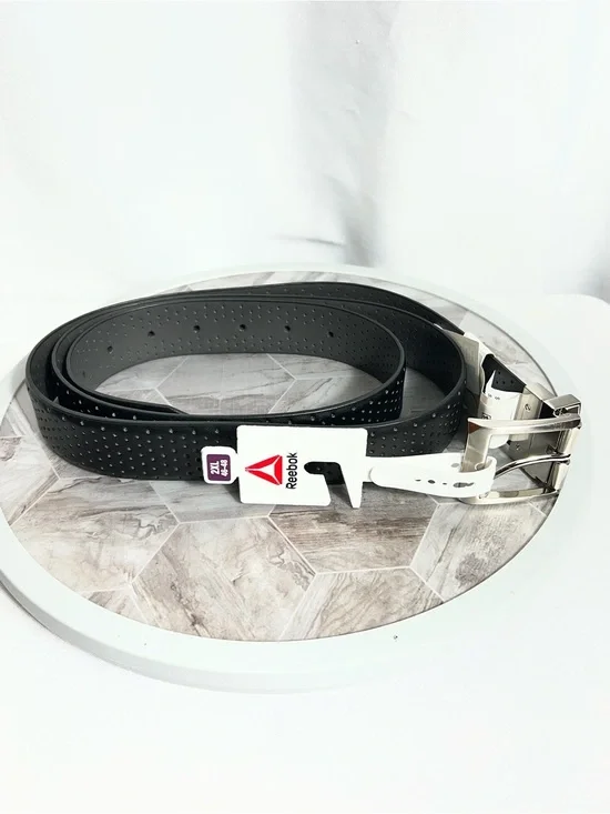 Reebok Black Perforated Leather Reversible Belt 2XL 46-48 Silver Buckle